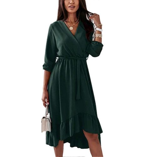 Robe À Ourlet À Volants Wrap Col En V À Manches Longues Taille Haute Ceinturée Robe Midi Pour Femmes