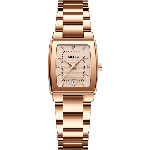 Meimieshop-Montre Pour Femme,Cadran Rectangulaire,Bracelet En Acier Inoxydable,Or Rose,Avec Cristaux,Mode,Élégant,Tendance,Étanche,Calendrier,À Quartz,Élégant,Chic.,Or Rose,Moderne