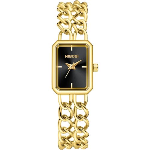Meimieshop-Montre Pour Femme,Cadran Rectangulaire Noir,Bracelet À Chaîne Double,Or,Élégant,Élégant,Tendance,Décontracté,Vintage,À Quartz,Imperméable,En Acier Inoxydable,Tendance,Élégant