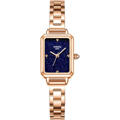 Meimieshop-Montre Pour Femme,Cadran Bleu Étoilé,Boîtier Rectangulaire,Bracelet En Acier Or Rose,Imperméable,À Quartz,Élégant,Élégant,Tendance,Tendance,Décontracté,Analogique,Chic.,Bleu