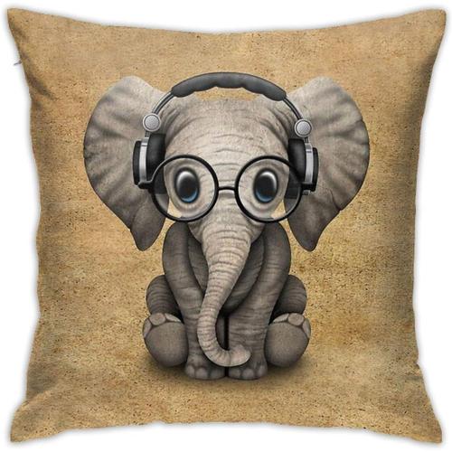 Mignon Bébé Éléphant Dj Portant Des Écouteurs Et Des Lunettes Coussin Housse De Coussin Taie D'oreiller Décorative Pour Canapé Chambre 45 Cm * 45 Cm