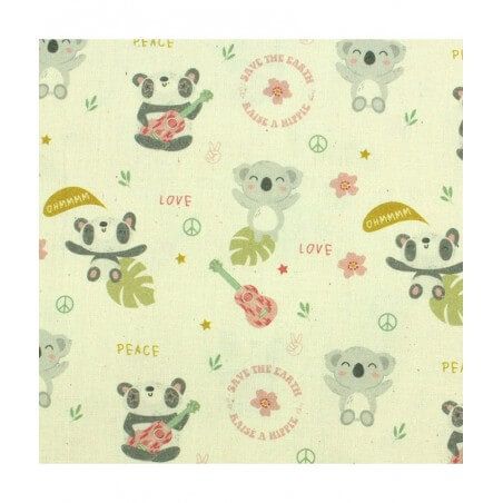 Tissu Popelin Enfant Groupe Koalas Hippies Musique Ecru