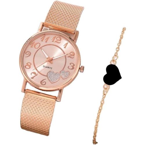 Meimieshop-Montre Pour Femme À Quartz Analogique À Cadran Rond Avec Deux C?urs Et Bracelet Chaîne Avec C?ur Assorti,Couleur Or Rose,Bracelet Réglable.,Rose-Or,Bracelet
