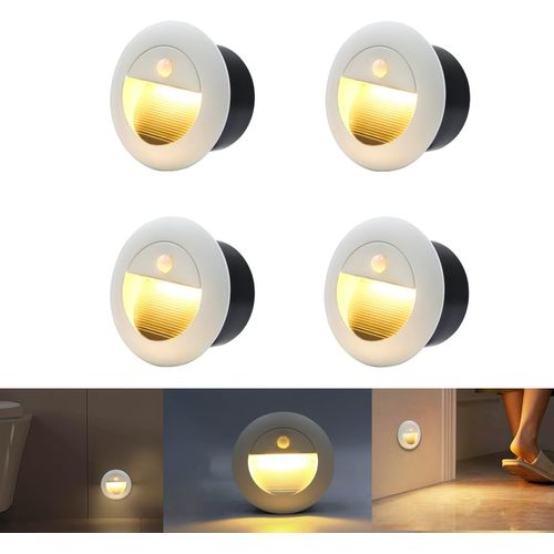 meimieshop-Applique Encastré Murale Rond Avec Détecteur De Mouvement 1.5W 3000K Ip65 65Mm,3000K Applique Avec Boîte,230V Eclairage Mural Alu Escalier Encastrable Marchepied,Blanc(Paquet De 4)