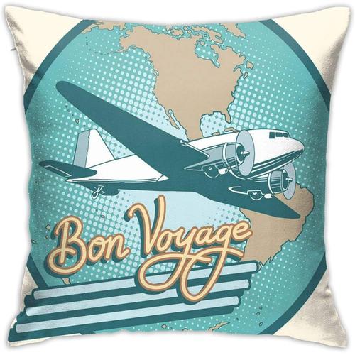 Housse De Coussin Abstraite Vintage Artsy Of Bon Voyage, Texte Et Avion Rétro Sur Globehome, Décoration Pour La Maison, 18x18 Pouces