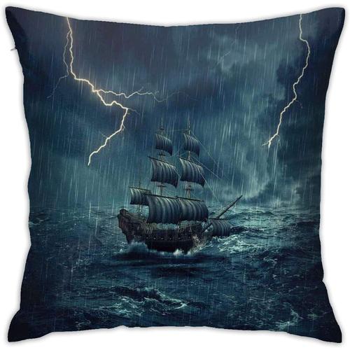 Y Temps Pluvieux Vagues Pirate Vintage Bateau Voile Peinture À L'huile Décor À La Maison Taies D'oreiller 18*18 Pouces