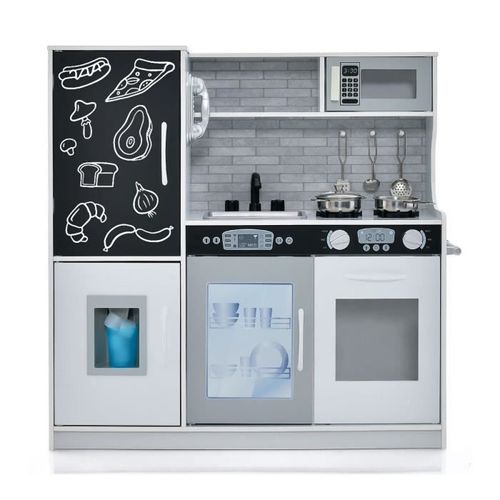 COSTWAY Cuisine Enfants 3 - 6 Ans en Bois avec Téléphone, Tableau Noir, Micro-ondes, Machine de Glaçons, 7 Accessoires Gris