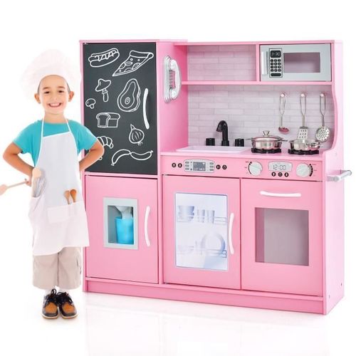 COSTWAY Cuisine Enfants 3 - 6 Ans en Bois avec Téléphone, Tableau Noir, Micro-ondes, Machine de Glaçons, 7 Accessoires Rose