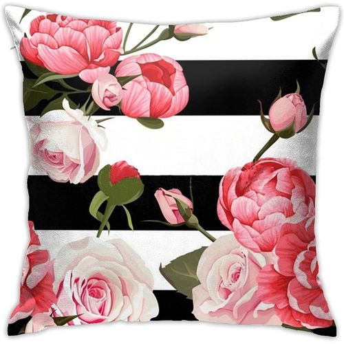 Housse De Coussin Moderne Carrée Douce, Rose, Pivoine, Feuilles Vertes Sur Rayures Noires Et Blanches, Fleur