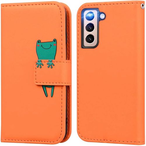 Coque Pour Samsung Galaxy S21 5g, Mignon Cartoon Animal Grenouille Etui Portefeuille En Cuir Pu Housse Avec Fonction Stand, Fermeture Magnetique, Emplacements De Cartes -Orange