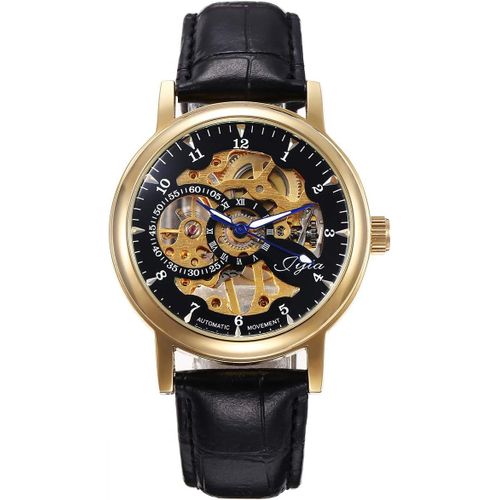 Meimieshop-Femme Montre Squelette Remontage Manuel Cuir Bande Noir