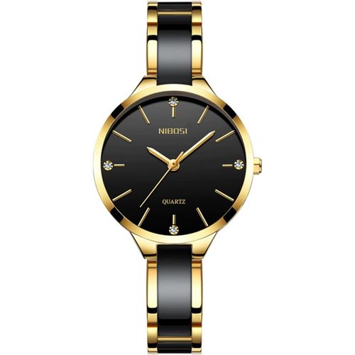 Meimieshop-Montre Pour Femme,Cadran Noir Avec Cristaux,Bracelet Bicolore Or Et Noir,Mouvement À Quartz,Décontracté,Élégant,Élégant,De Luxe,De Mode,Étanche,Tendance,Élégant,Élégant,Élégant