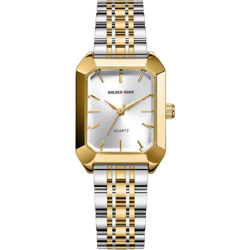 Meimieshop-Montre Femme Quartz Rectangulaire Deux Tons Bracelet Acier Inoxydable Cadran Argent,Argenté/Doré/Blanc,Tendance