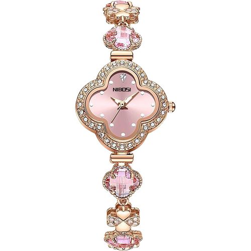 Meimieshop-Montre Pour Femme,Cadran À Trèfle Rose,Cristaux Décoratifs,Bracelet En Or Rose,Élégant,Élégant,Élégant,Vintage,Cadeau,Imperméable,À Quartz,À La Mode,De Luxe,Analogique Chic,Rose