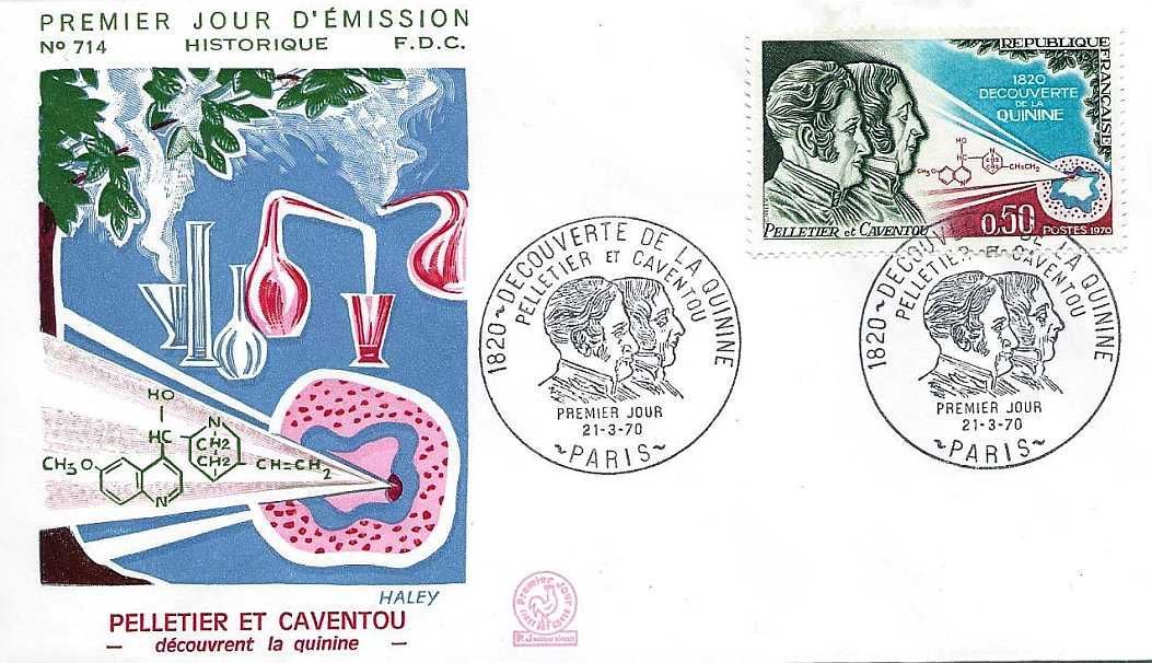 France 1970, Très Belle Enveloppe 1er Jour Fdc 714, Pelletier Et Caventou, Découverte De La Quinine, Timbre 1633, Illustration De Haley, Neuve**