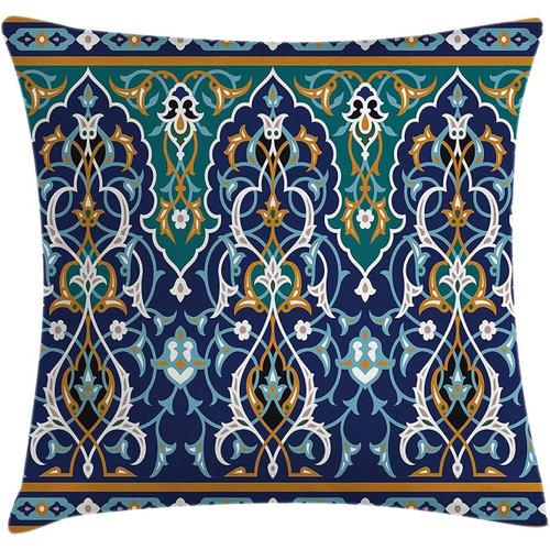 Housse De Coussin Marocaine, Motif Ethnique Oriental, Pétales, Hippie, Vintage, Tribal, Mosaïque, Taie D'oreiller Décorative Carrée, Décor Bleu Moutarde 45,7 X 45,7 Cm