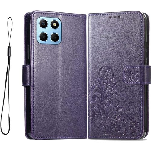 Coque Cuir Etui Pour Honor X6 / Honor 70 Lite/Honor X8 5g (6.5"") Housse, Etui Portefeuille Case Cover, Fermeture Magnetique, Flip Bequille Et Emplacements Pour Cartes,Violet Fonce