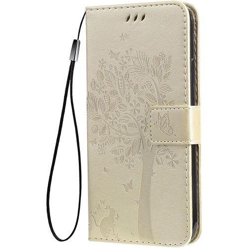 Coque Pour Honor X6 / Honor X8 5g / Honor 70 Lite Etui Portefeuille, Joli Retro Feuilles Et Chat Embossee Premium Pu Cuir Housse Flip Cover, Etui Antichoc Case, Or