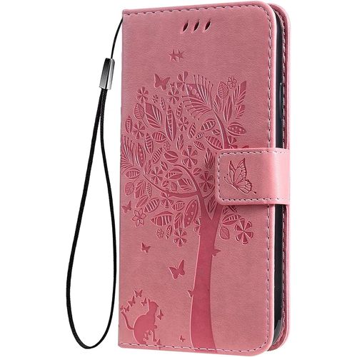 Coque Pour Honor X6 / Honor X8 5g / Honor 70 Lite Etui Portefeuille, Joli Retro Feuilles Et Chat Embossee Premium Pu Cuir Housse Flip Cover, Etui Antichoc Case, Pink