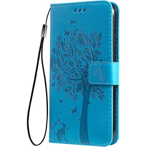 Coque Pour Honor X6 / Honor X8 5g / Honor 70 Lite Etui Portefeuille, Joli Retro Feuilles Et Chat Embossee Premium Pu Cuir Housse Flip Cover, Etui Antichoc Case, Bleu
