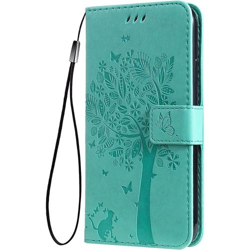 Coque Pour Honor X6 / Honor X8 5g / Honor 70 Lite Etui Portefeuille, Joli Retro Feuilles Et Chat Embossee Premium Pu Cuir Housse Flip Cover, Etui Antichoc Case, Vert