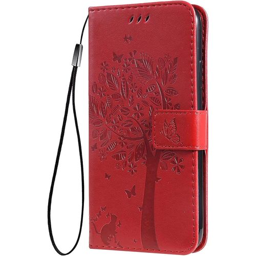 Coque Pour Honor X6 / Honor X8 5g / Honor 70 Lite Etui Portefeuille, Joli Retro Feuilles Et Chat Embossee Premium Pu Cuir Housse Flip Cover, Etui Antichoc Case, Rouge