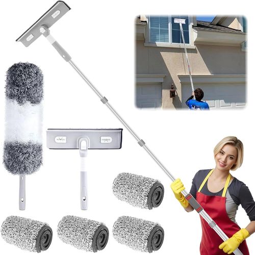 asas456-Raclette Vitre Professionnel,3 En 1 Lave Vitre Kit Avec 4 Chiffons Microfibres,Plumeau Telescopique Jusqu'À 275Cm,Tete De Loup Telescopique,Perche Telescopique Nettoyage Nettoyeur Vitre