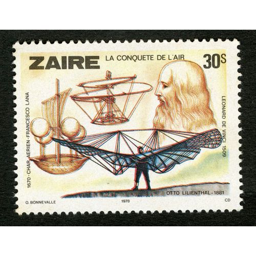 Timbre Non Oblitéré Zaire, La Conquête De L'air, 1670 - Char Aérien, Francesco Lana, Leonardo Da Vinci, Otto Lilienthal, 30 S