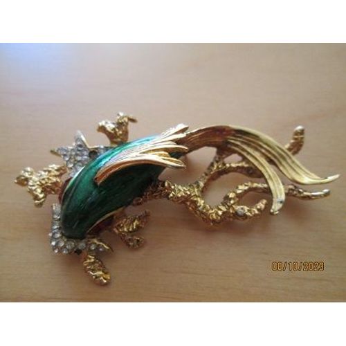 Broche Carven Poisson Émaillé Turquoise Dorée Fantaisie Strass Vintage Années 80