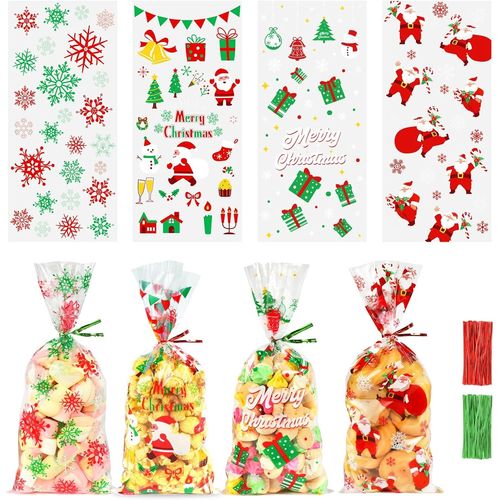 120pcs Sachet Biscuit Noel, Sachets Transparents pour Biscuits Sachet Bonbon Plastique, Sachet Alimentaire Cellophane Sacs de Cadeau Noel avec Cravates Torsadées pour Patisserie Gateau Chocolat
