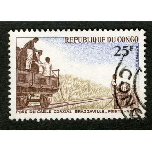 Timbre Oblitéré République Du Congo, Pose Du Cable Coaxial Brazzaville - Pointe Noire, 25 F, Postes, 1970