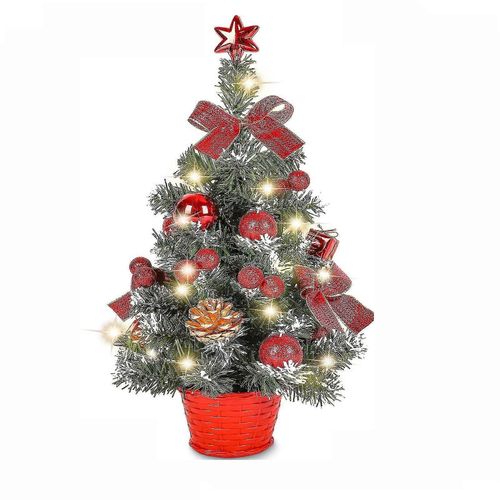 Mini sapin de Noël artificiel, petit sapin de Noël avec lumières LED, mini décoration de table, compatible bureau, bar, 40 cm (rouge)
