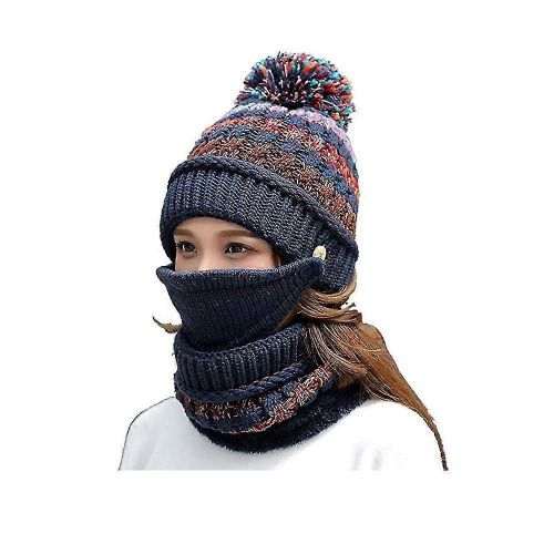 Ensemble Bonnet, Écharpe Et Masque En Tricot Pour Femme Et Fille, Bonnet De Ski D'hiver Doux Et Chaud Doublé En Polaire Avec Pompon