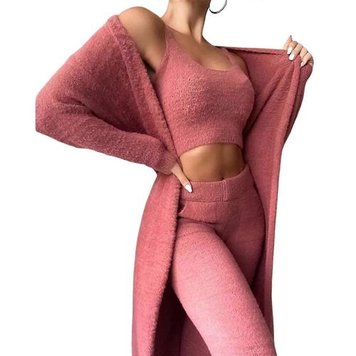 Pyjama 3 Pièces En Polaire Chaude Et Duveteuse Pour Femme, Ensemble En Tricot Confortable, Haut À Capuche Et Pantalon Ouvert Sur Le Devant (S) Rose