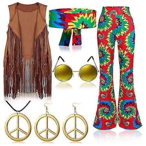 Costume Rétro Hippie Des Années 70 Avec Gilet À Pompons, Pantalon Et Écharpe Newway