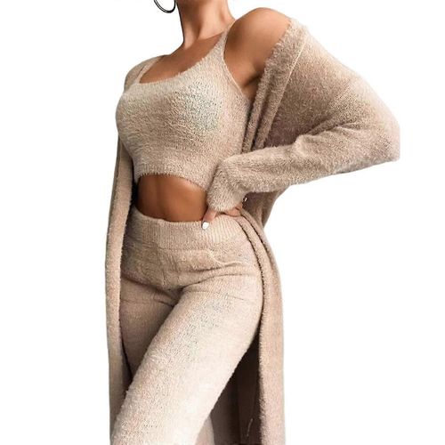 Pyjama 3 Pièces En Polaire Chaude Et Duveteuse Pour Femme, Ensemble En Tricot Confortable, Haut À Capuche Et Pantalon Ouvert Sur Le Devant (Xl)