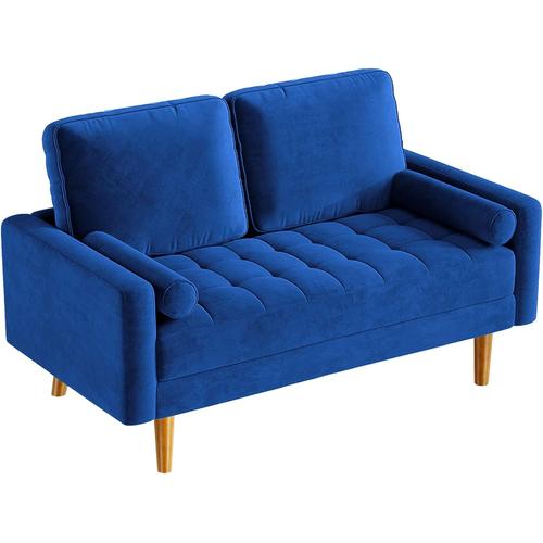 Canapé 2 Places En Velours Bleu 148 X 78 X 85 Cm,Canapé Scandinave Avec 2 Coussins Pour Le Salon,Fauteuil Capitonné Moderne,Pieds En Bois