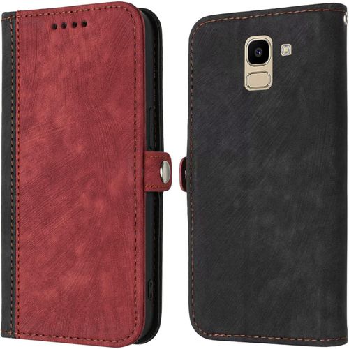 Coque Cuir Pour Samsung Galaxy J6 2018, Housse Portefeuille Magnetique Fentes Pour Cartes Antichoc Etui A Rabat Avec Cordon Fonction Support Case Pour Samsung Galaxy J6 2018 Cover - Rouge