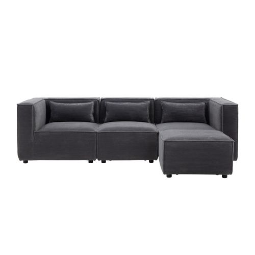 Modular - Canapé Modulable 3 Places Velours Côtelé Gris Avec Pouf