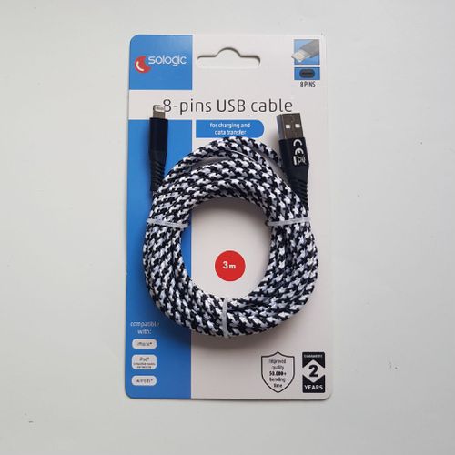 CÂBLE LIGHTNING TRESSE USB SYNC pour Apple 3m Sologic