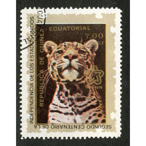 Timbre Oblitéré Republica De Guinea Ecuatorial, Segundo Centenario De La Independencia De Los Estados Unidos, 7.00