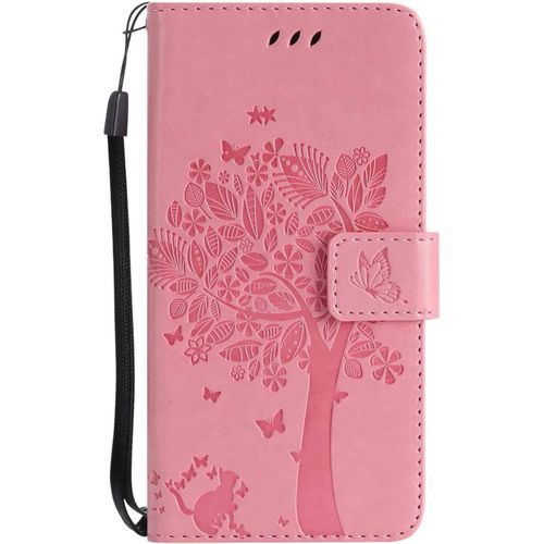 Coque Pour Huawei Y3 2017, Etui En Cuir Pu Portefeuille, Antichoc Flip Case Housse R¿¿Tro Emboss S¿¿Rie De Chat Et D'arbre Pour Huawei Y3 2017 - Rose