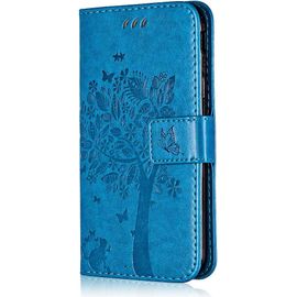 Coque Pour Huawei Honor 10, Etui En Cuir Pu Portefeuille, Antichoc Flip Case Housse R¿¿Tro Emboss S¿¿Rie De Chat Et D'arbre Pour Huawei Honor 10 - Bleu