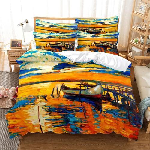 Housse De Couette Avec Peinture Artistique De Paysage De Coucher De Soleil, Ensembles De Literie Doux Avec Taies D'oreiller, Grande Couette Double Pour Enfants Gar?Ons Et