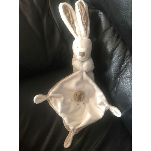 Doudou Mouchoir Lapin Blanc Taupe Beige Etoiles Pommette