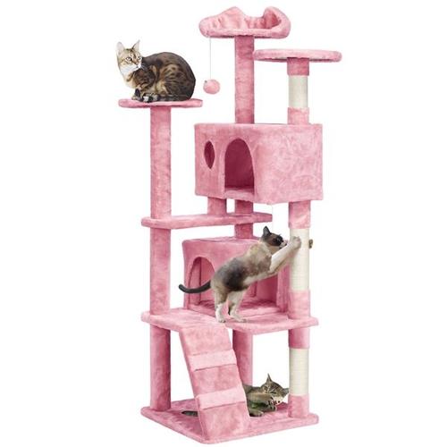 Yaheetech Arbre À Chat Avec 2 Niches 3 Plateformes 2 Boules Sisal Naturel Rose