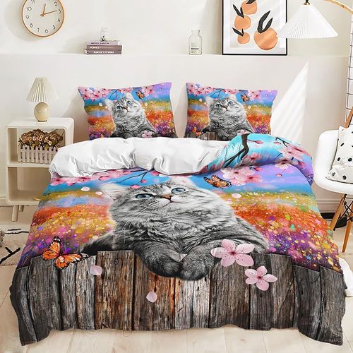 D Chat Housse De Couette Cerise Housse De Couette Roi Cravate Colorant Chats Fleur Motif Ensembles De Lit Papillon Fleurs Bourgeon Fleur Points Qu
