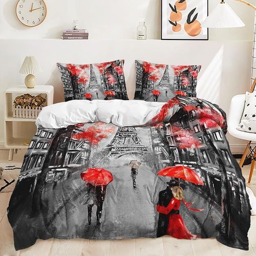 Tour Eiffel Housse De Couette Romantique Paris Rue Housse De Couette Fleurs Rouges Parure De Lit Paris Batiment Ensembles De Lit Parapluie