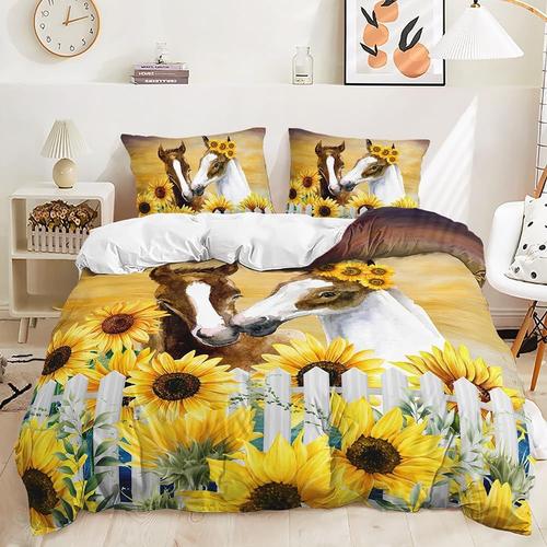 Housse De Couette Cheval Marron, Housse De Couette Reine Tournesols, Cl?Ture Blanche, Parure De Lit Florale Chevaux, Plante Jaune