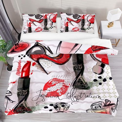 Ck Housse De Couette Lunettes De Soleil Bouche L¿¿Vres Talons Hauts Parfum Femmes Maquillage Rouge Ensemble De Couette Imprim¿¿ Ensemble De Literie Une Couette Cov